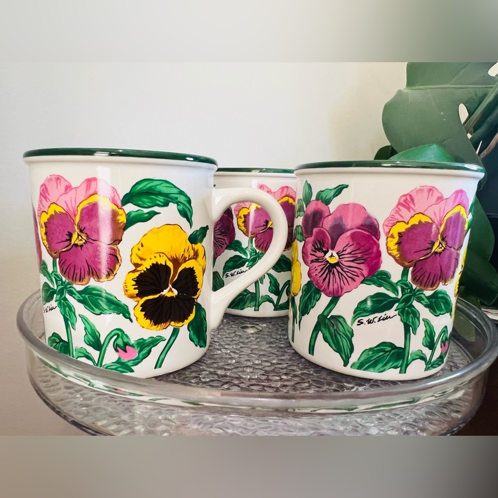 Potpourri Designs 1991 vintage/NEW pansies set of 3 mugs